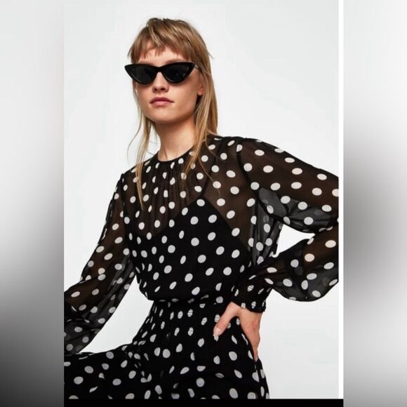 ZARA BLACK AND WHITE POLKA DOT MIDI DRESS - Picture 2 of 5